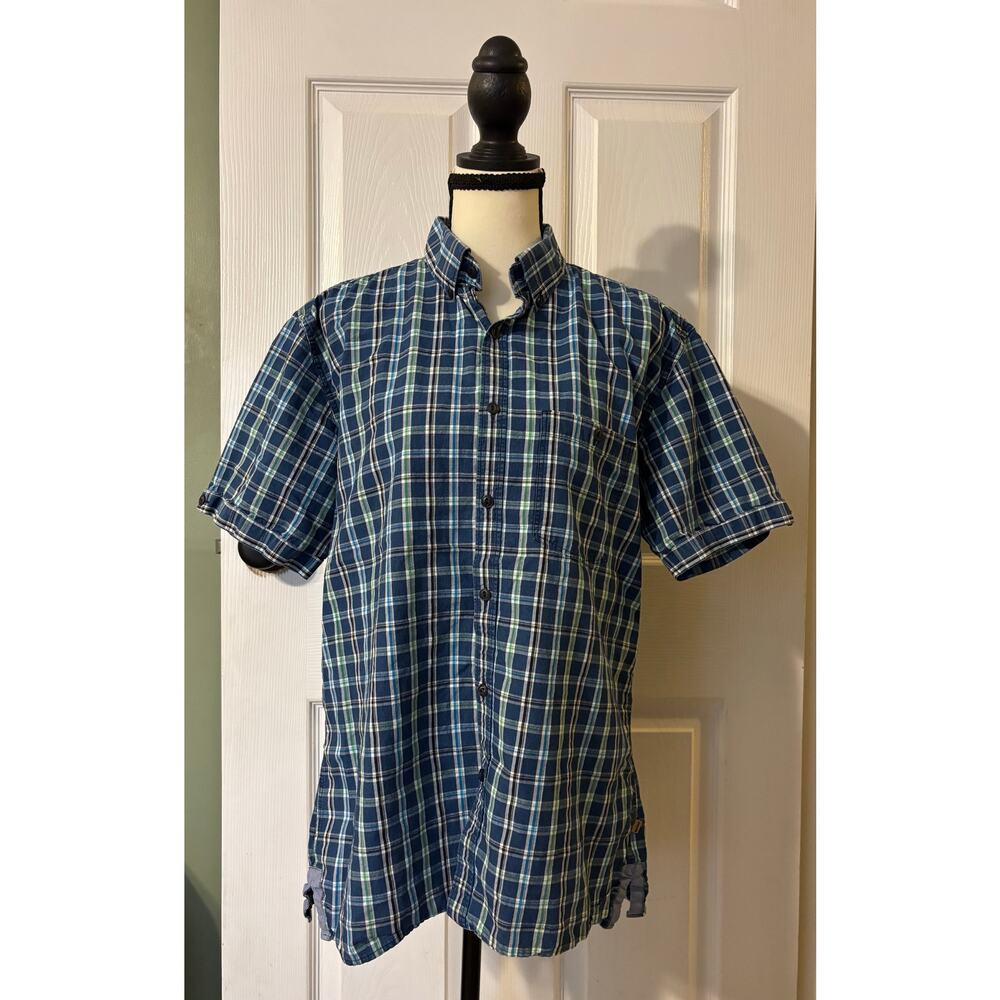 Barbour Plaid Button Down Short Sleeve Blue Green White Men's Large 100% Cotton